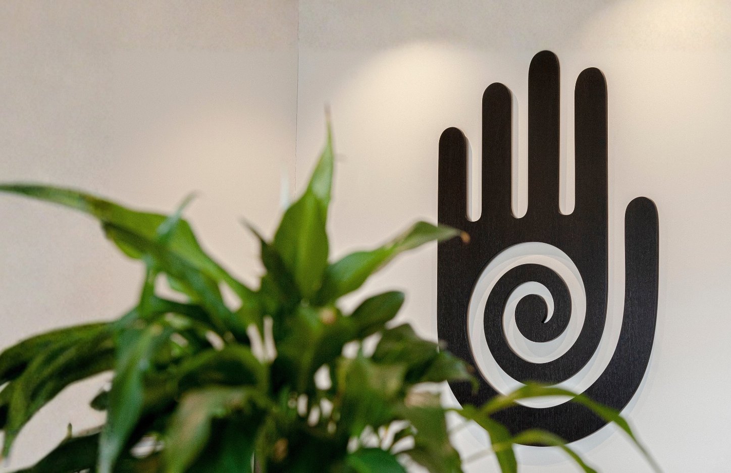 The hand mural on the wall at The Healing Centre Remuera, beside a plant